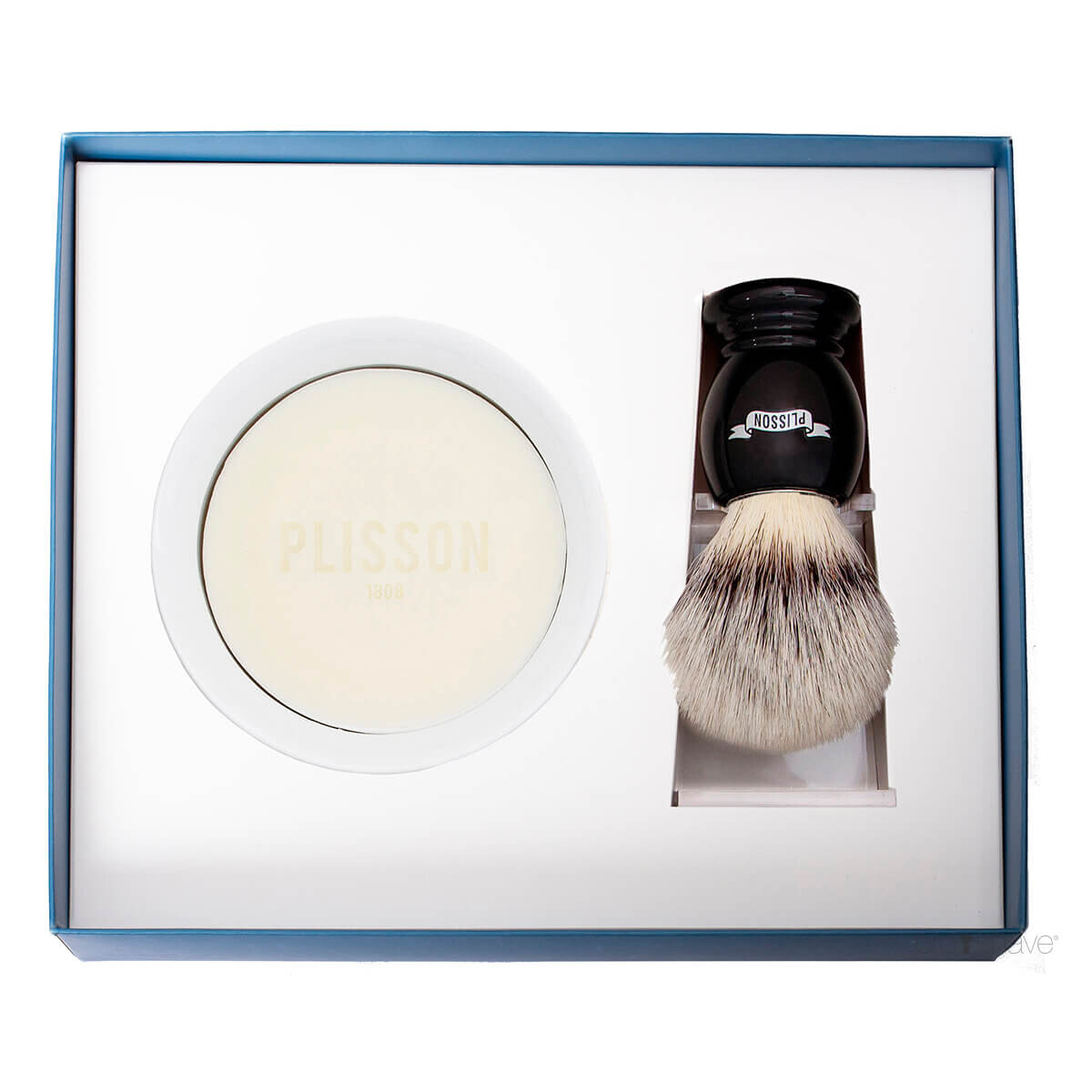 Plisson Startsæt med High Mountain White Fibre Barberkost, Holder og Porcelænsskål med Barbersæbe, Sort